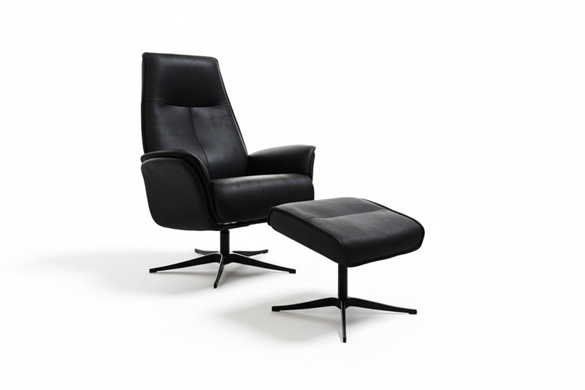 KAWOLA Relaxsessel JOSIANE Drehsessel Lederfaserstoff schwarz mit Hocker