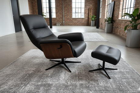 KAWOLA Relaxsessel SILVA Drehsessel Leder schwarz mit Hocker