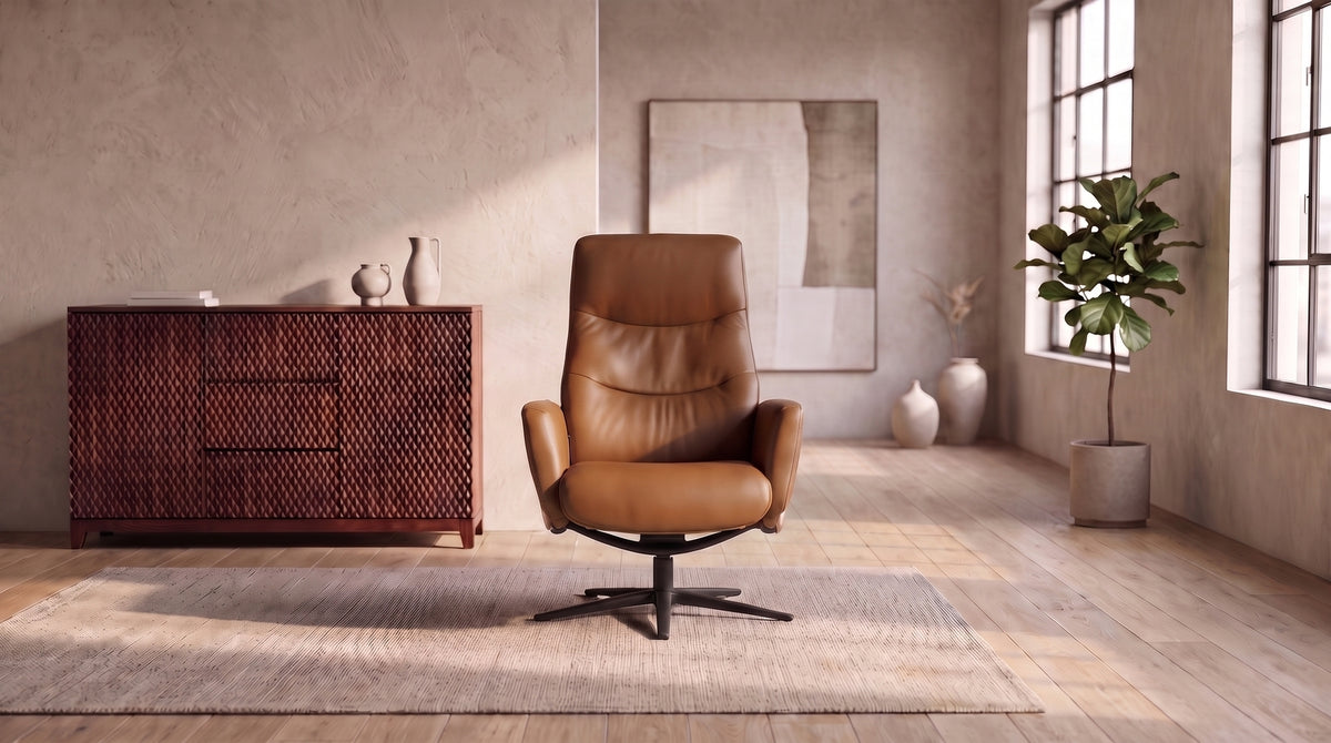 KAWOLA Relaxsessel VANITAS Drehsessel Leder braun mit Hocker