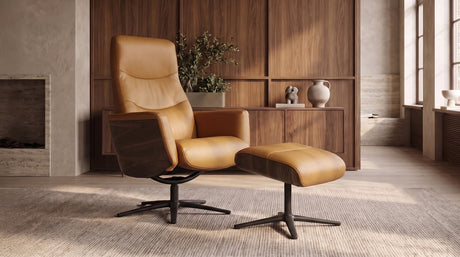 KAWOLA Relaxsessel VANITAS Drehsessel Leder cognac mit Hocker, Armlehne Nussbaum