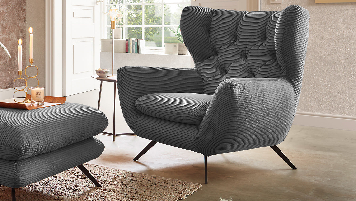 KAWOLA Sessel CHARME Hochlehnsessel Cord grau