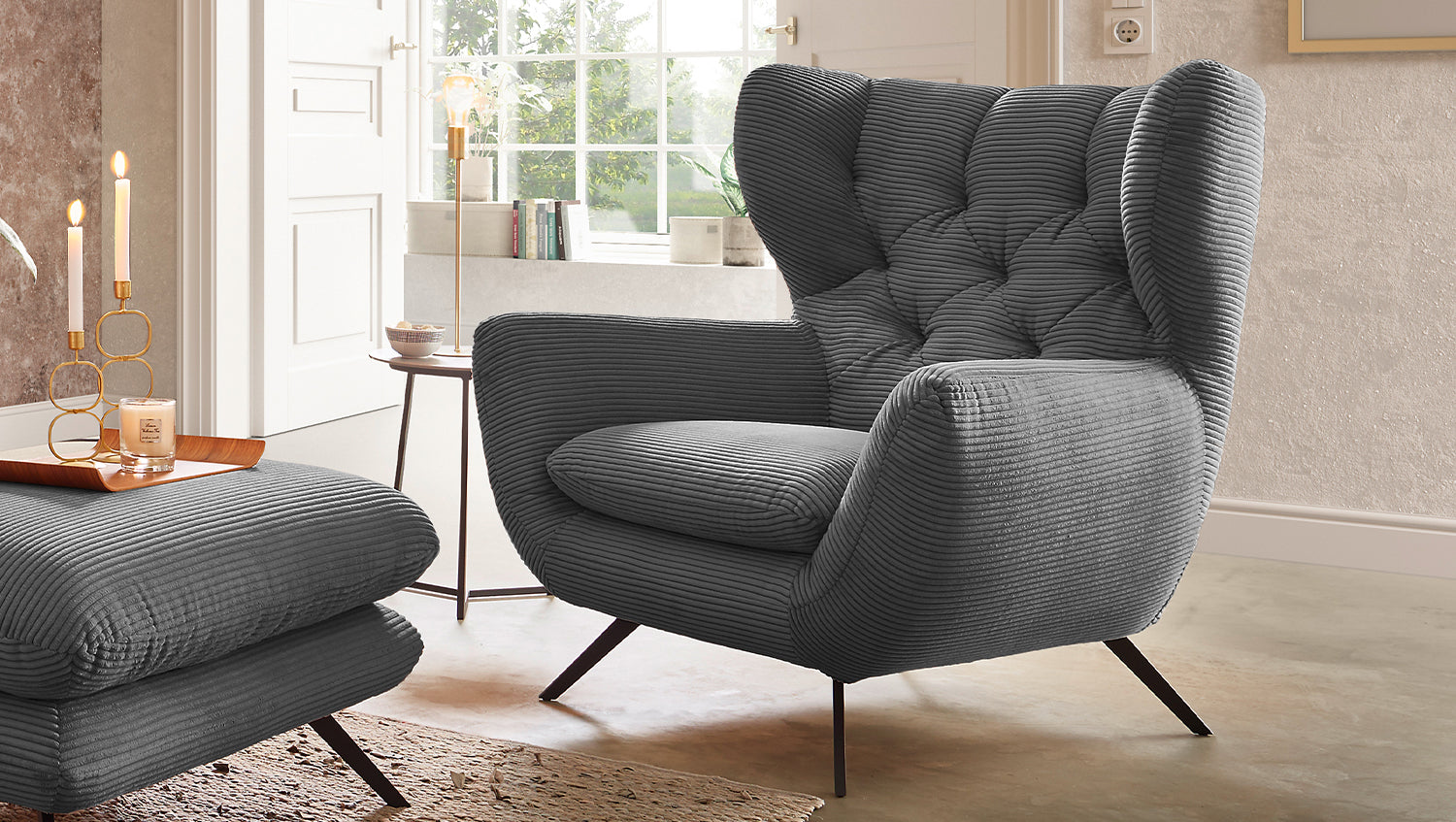 KAWOLA Sessel CHARME Hochlehnsessel Cord grau