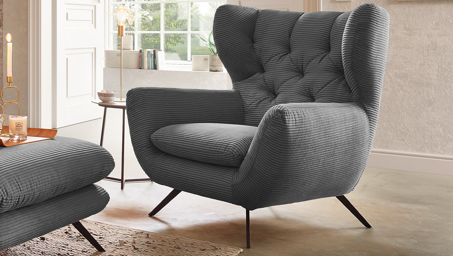 KAWOLA Sessel CHARME Hochlehnsessel Cord grau, Ohne Zusatzausstattung
