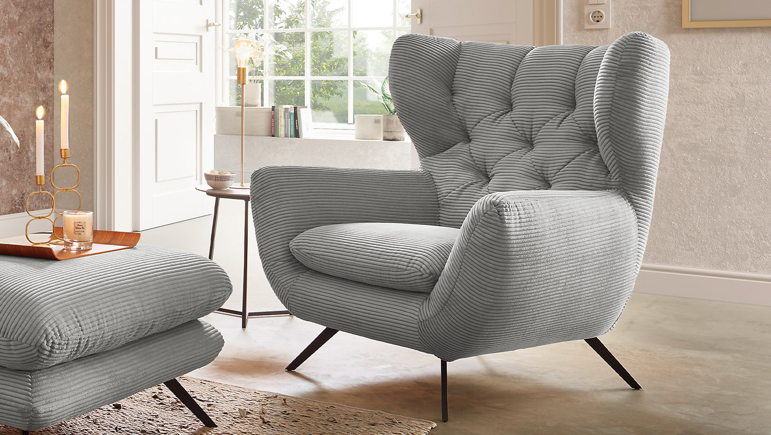 KAWOLA Sessel CHARME Hochlehnsessel Cord hellgrau