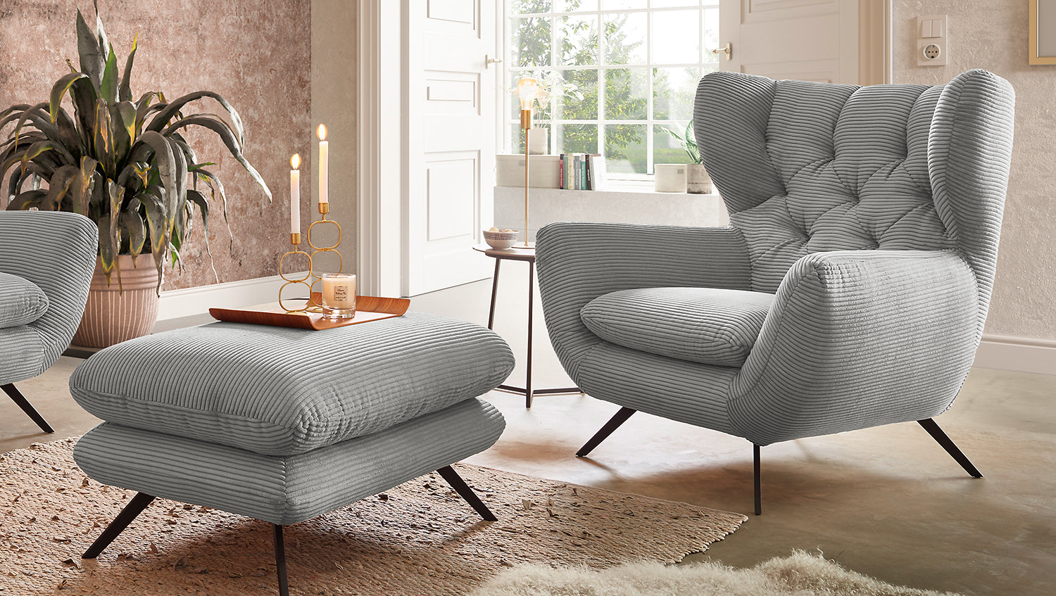 KAWOLA Sessel CHARME Hochlehnsessel Cord hellgrau, Mit Fußhocker
