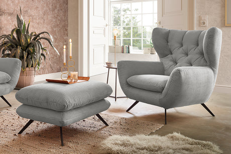 KAWOLA Sessel CHARME Hochlehnsessel Cord hellgrau, Mit Fußhocker