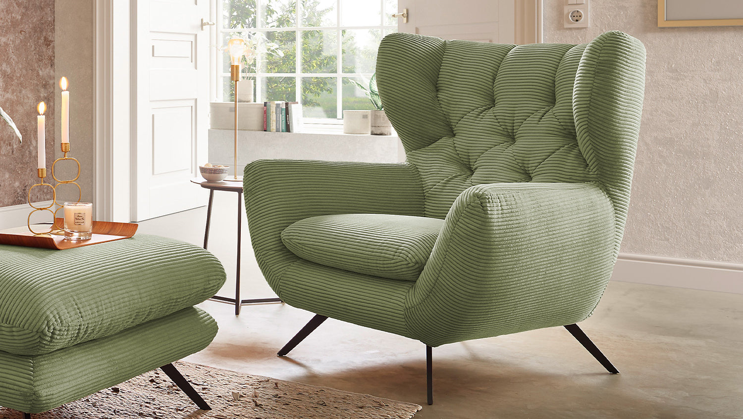 KAWOLA Sessel CHARME Hochlehnsessel Cord olivgrün