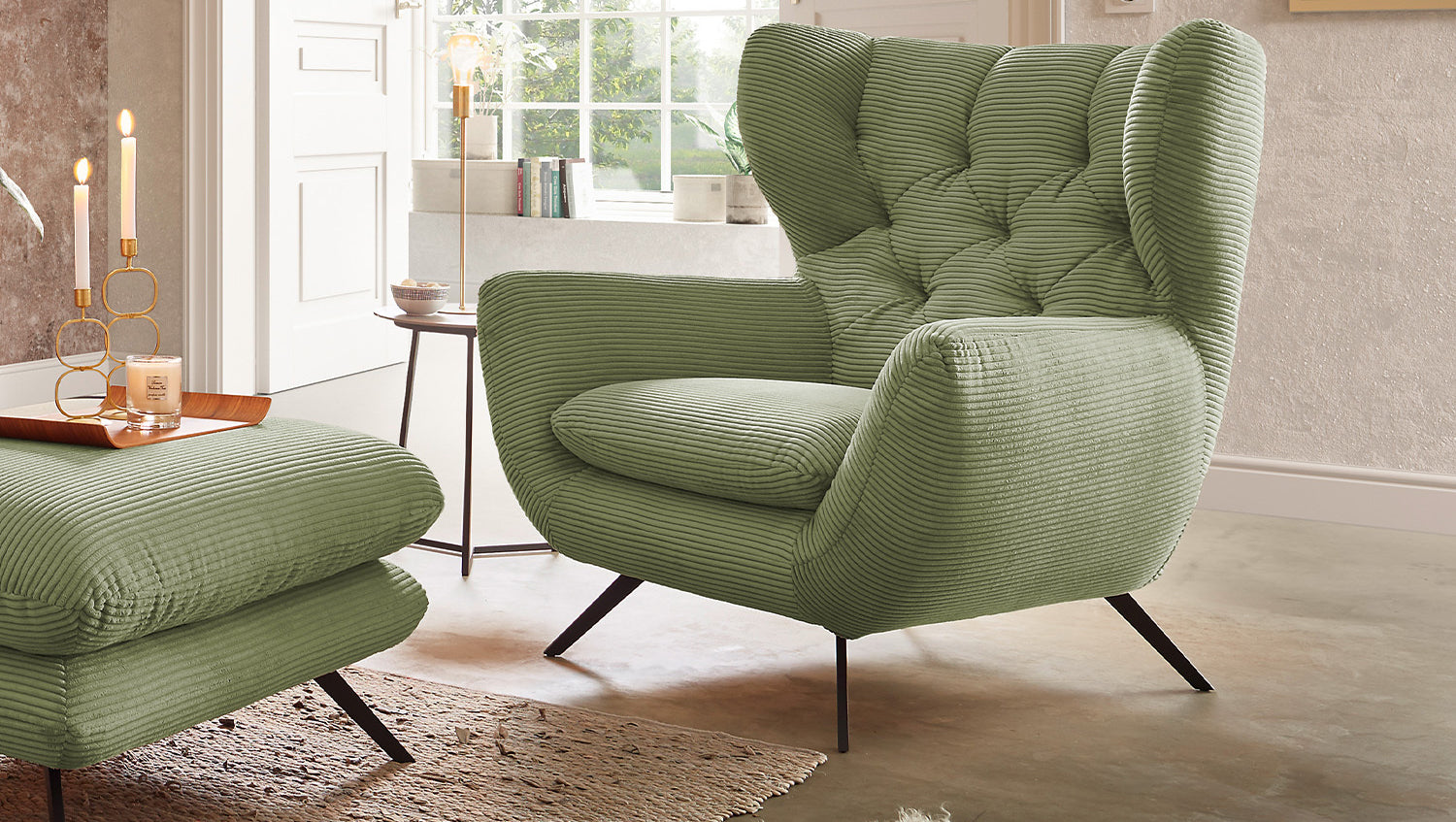 KAWOLA Sessel CHARME Hochlehnsessel Cord olivgrün