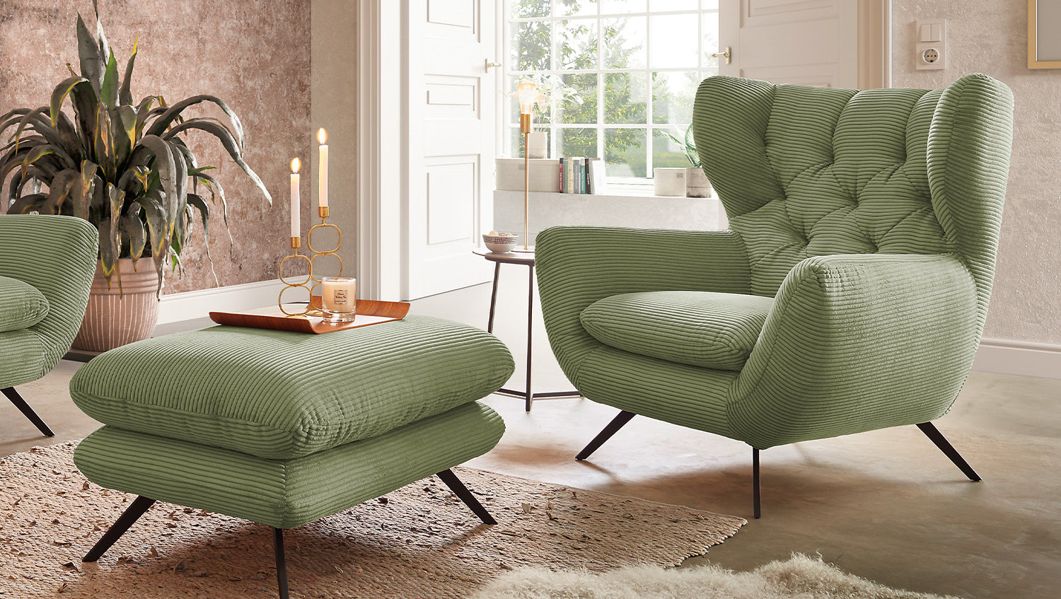 KAWOLA Sessel CHARME Hochlehnsessel Cord olivgrün, Mit Fußhocker