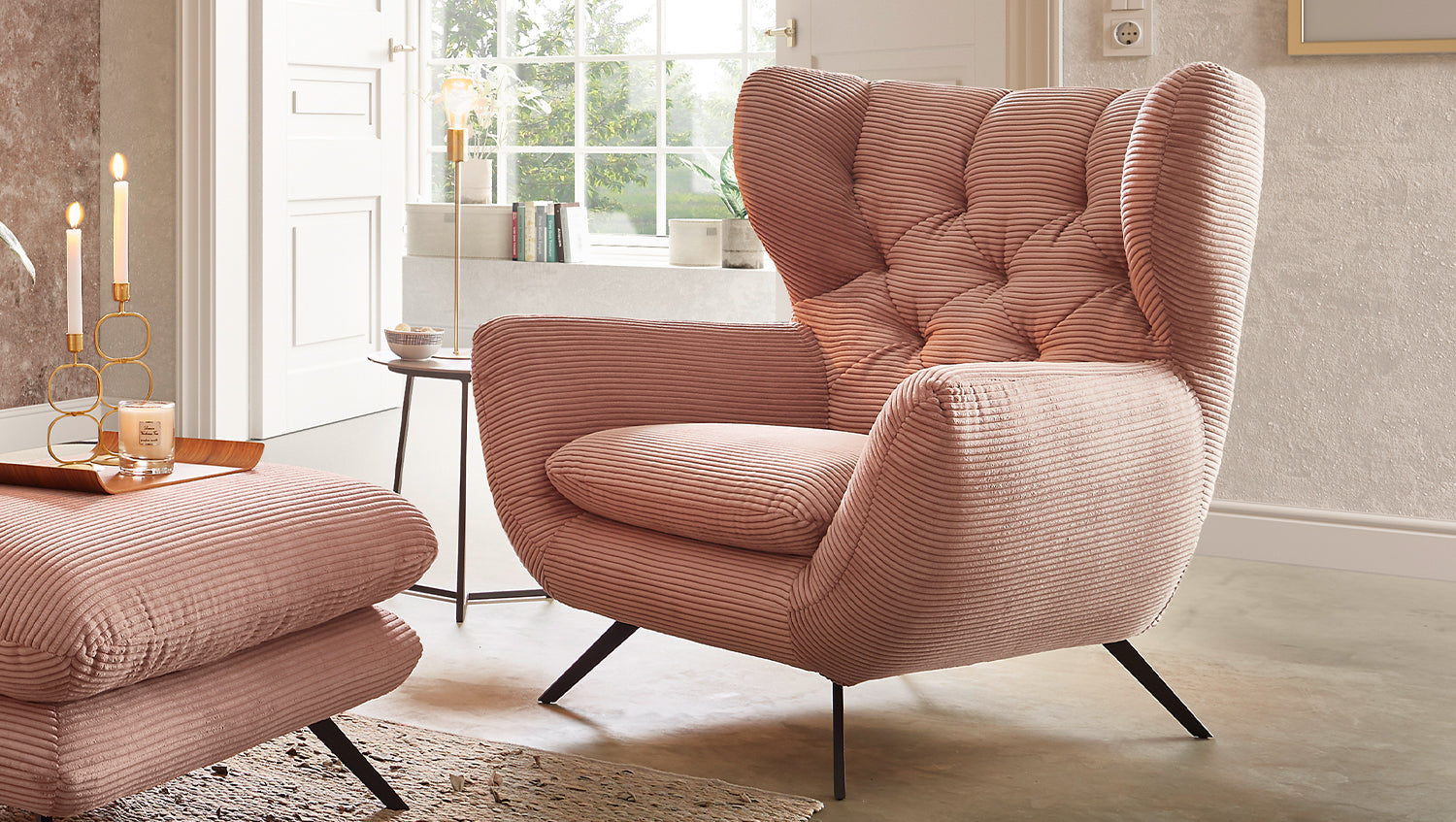 KAWOLA Sessel CHARME Hochlehnsessel Cord rosa