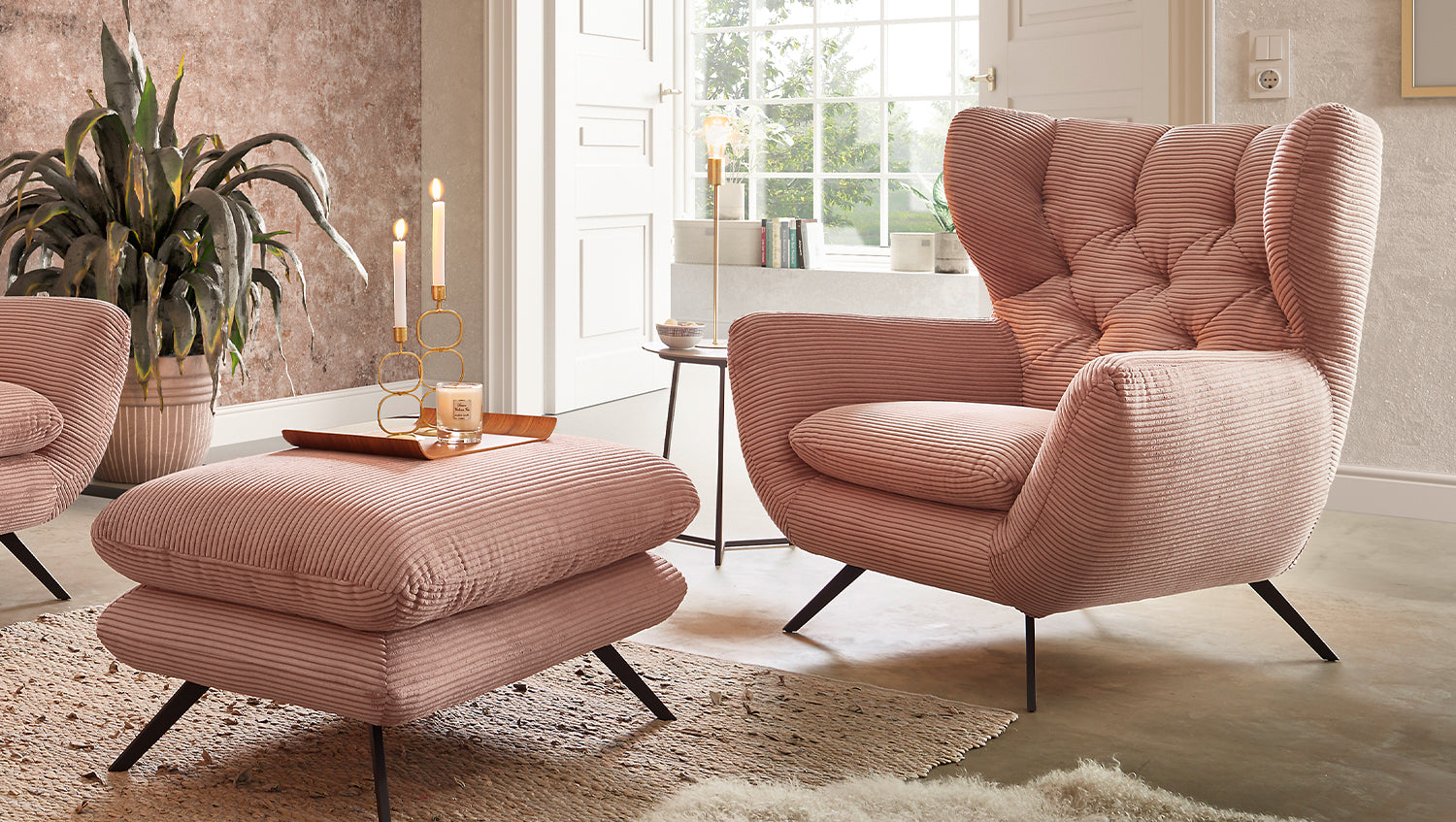 KAWOLA Sessel CHARME Hochlehnsessel Cord rosa, Mit Fußhocker