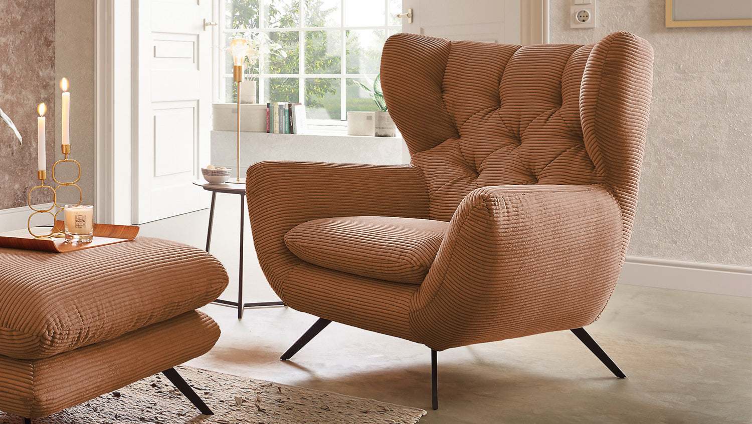 KAWOLA Sessel CHARME Hochlehnsessel Cord rost