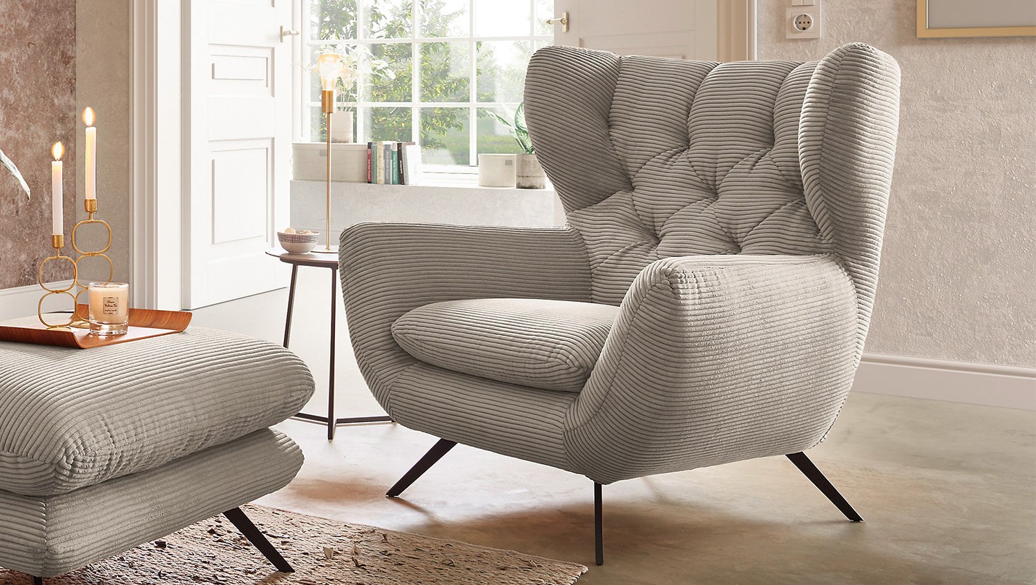 KAWOLA Sessel CHARME Hochlehnsessel Cord steingrau