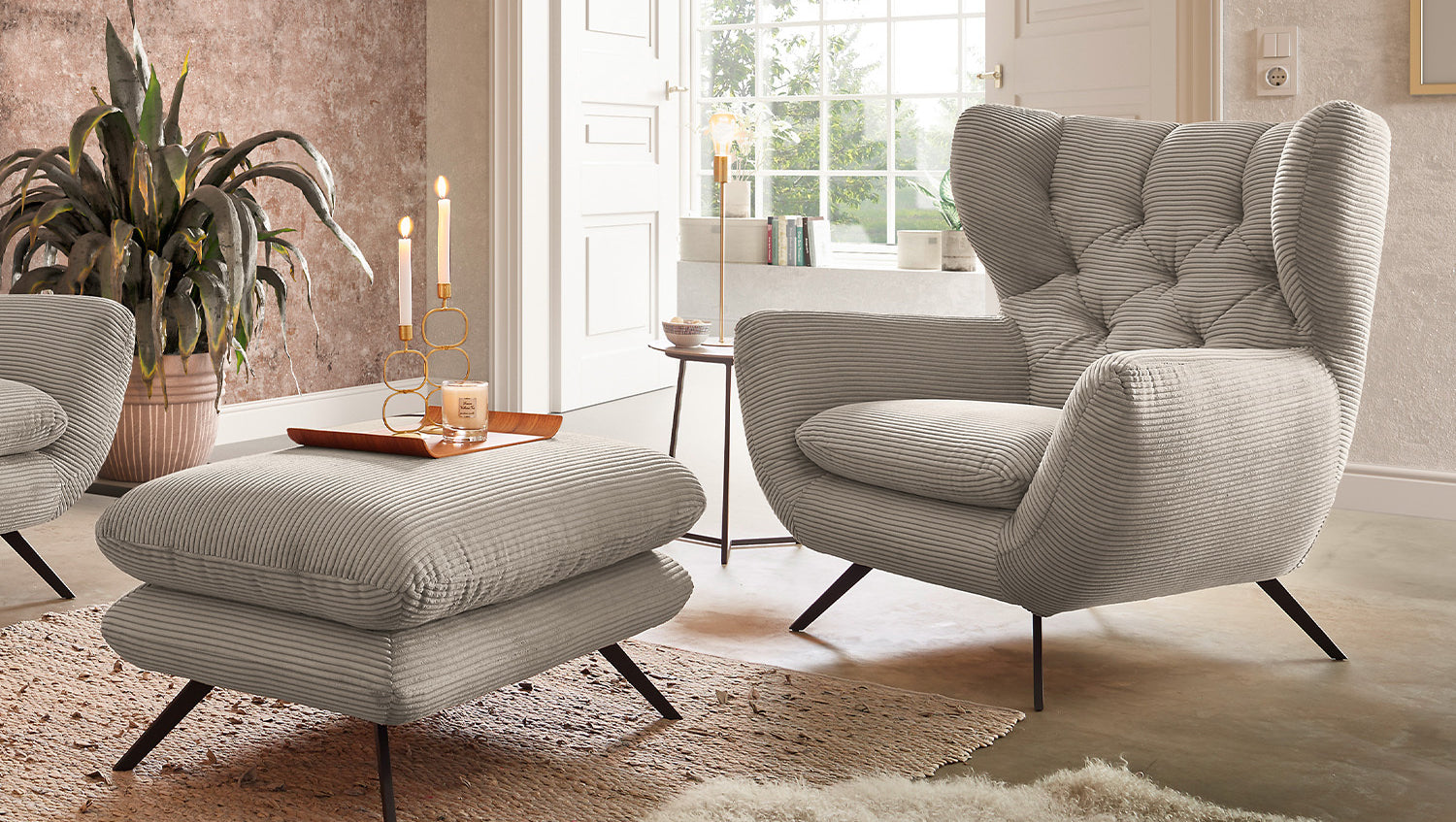 KAWOLA Sessel CHARME Hochlehnsessel Cord steingrau, Mit Fußhocker