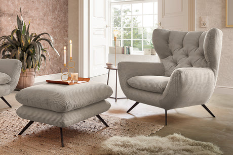 KAWOLA Sessel CHARME Hochlehnsessel Cord steingrau, Mit Fußhocker