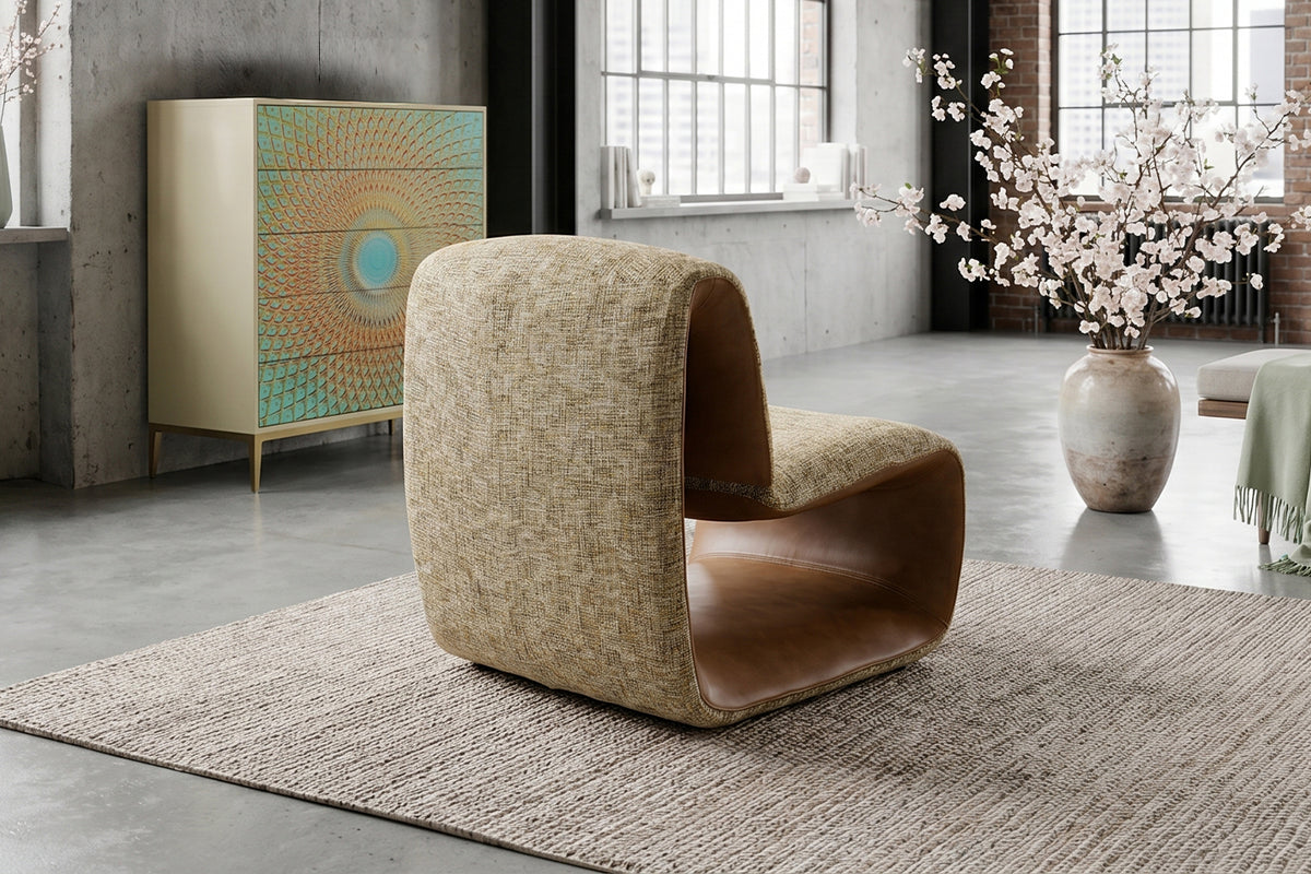 KAWOLA Sessel HAZEL Loungesessel Stoff multi beige / Kunstleder braun
