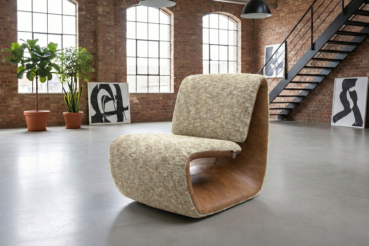 KAWOLA Sessel HAZEL Loungesessel Stoff multi beige / Kunstleder braun