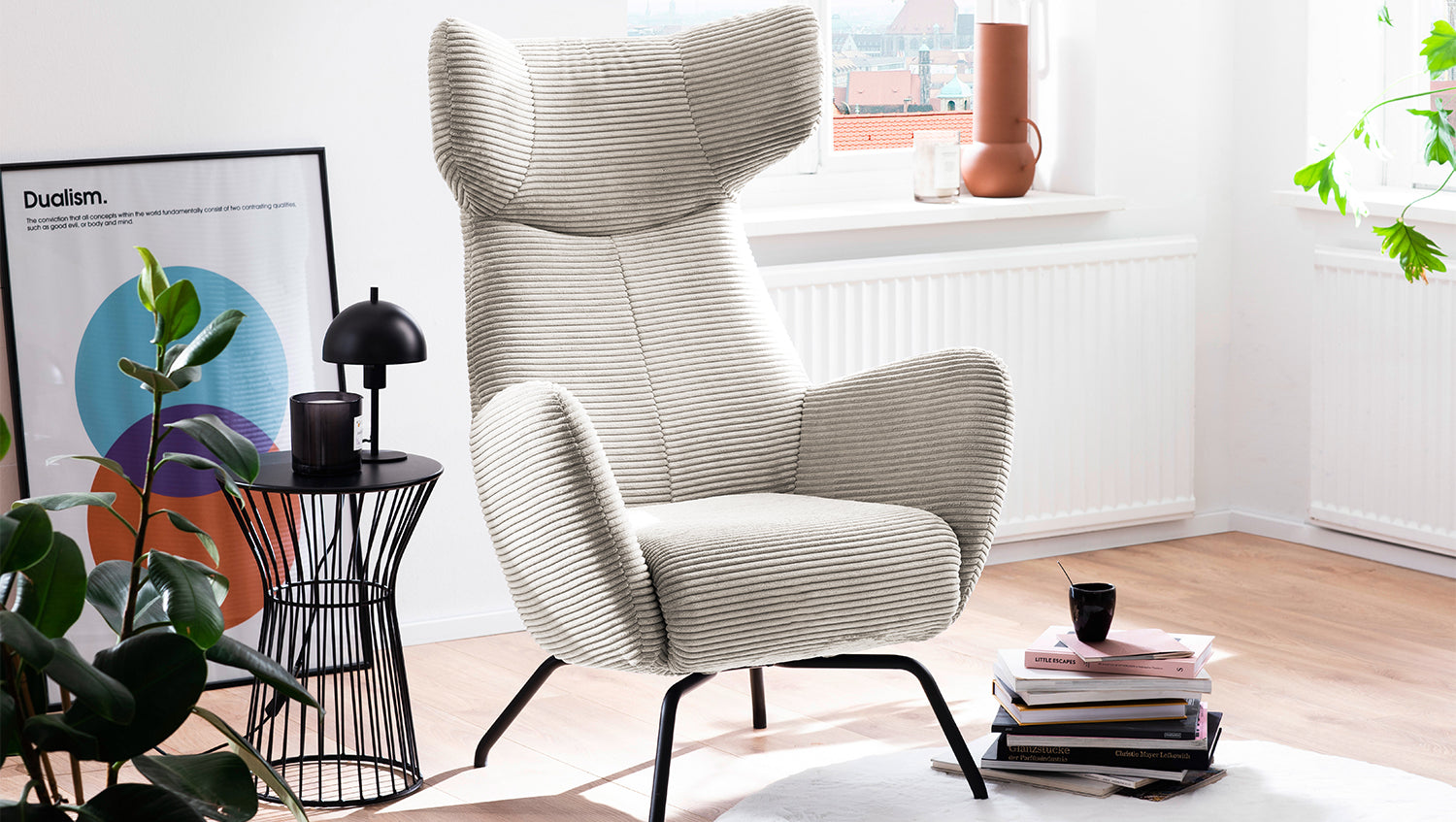 KAWOLA Sessel LOTTE Ohrensessel Cord cremeweiß