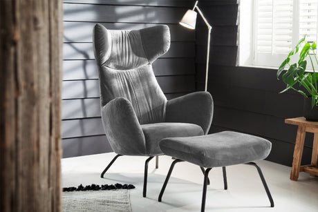 KAWOLA Sessel LOTTE Ohrensessel velvet silber mit Hocker