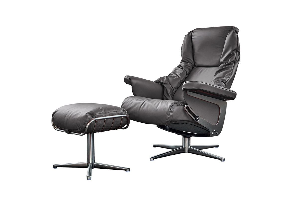 KAWOLA Sessel MODO Relaxsessel drehbar Leder dunkelgrau mit Hocker