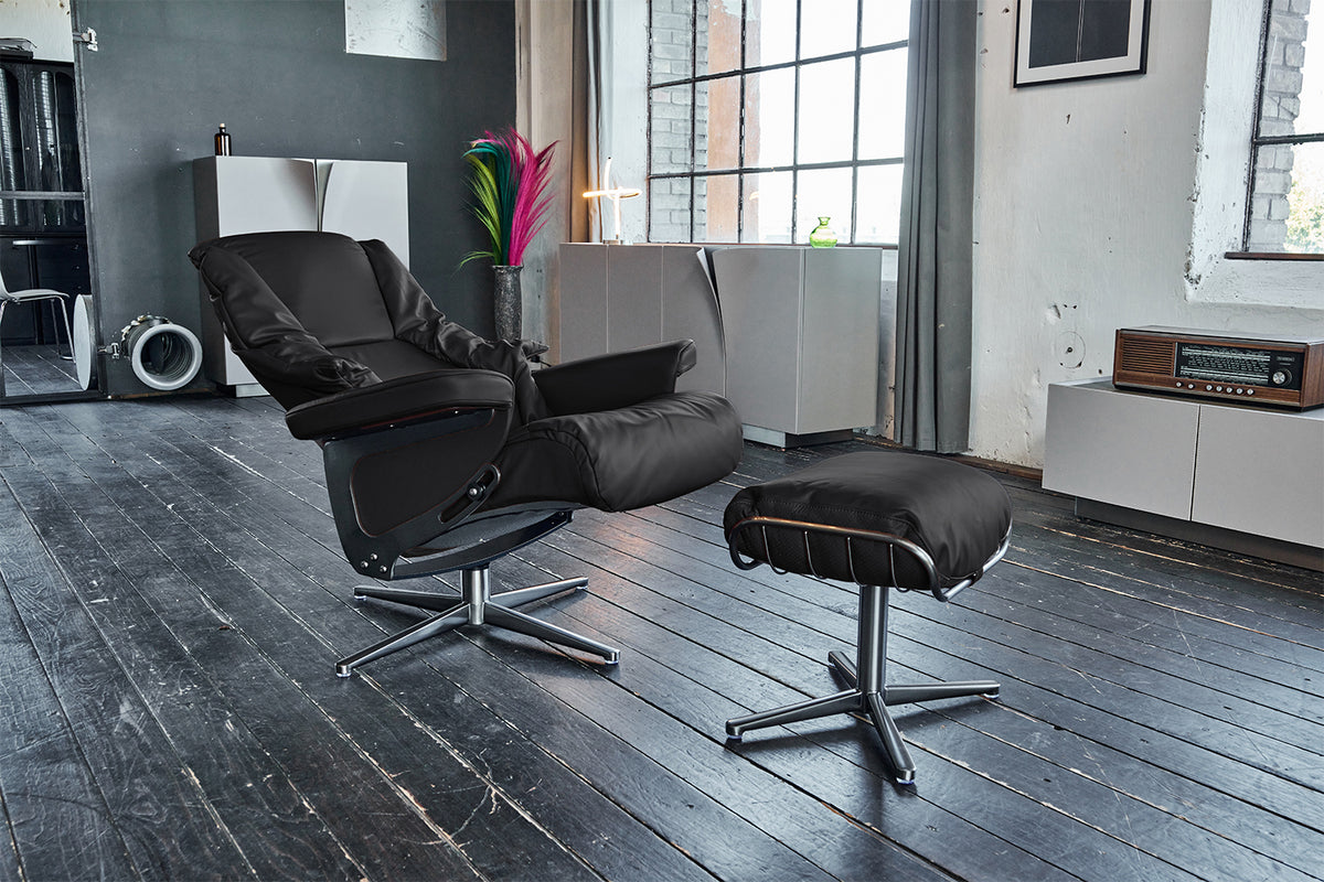KAWOLA Sessel MODO Relaxsessel drehbar Leder schwarz mit Hocker