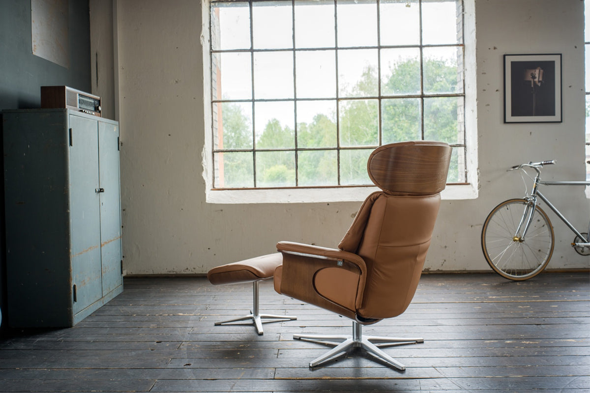 KAWOLA Sessel TOSAR Relaxsessel drehbar Leder braun mit Hocker