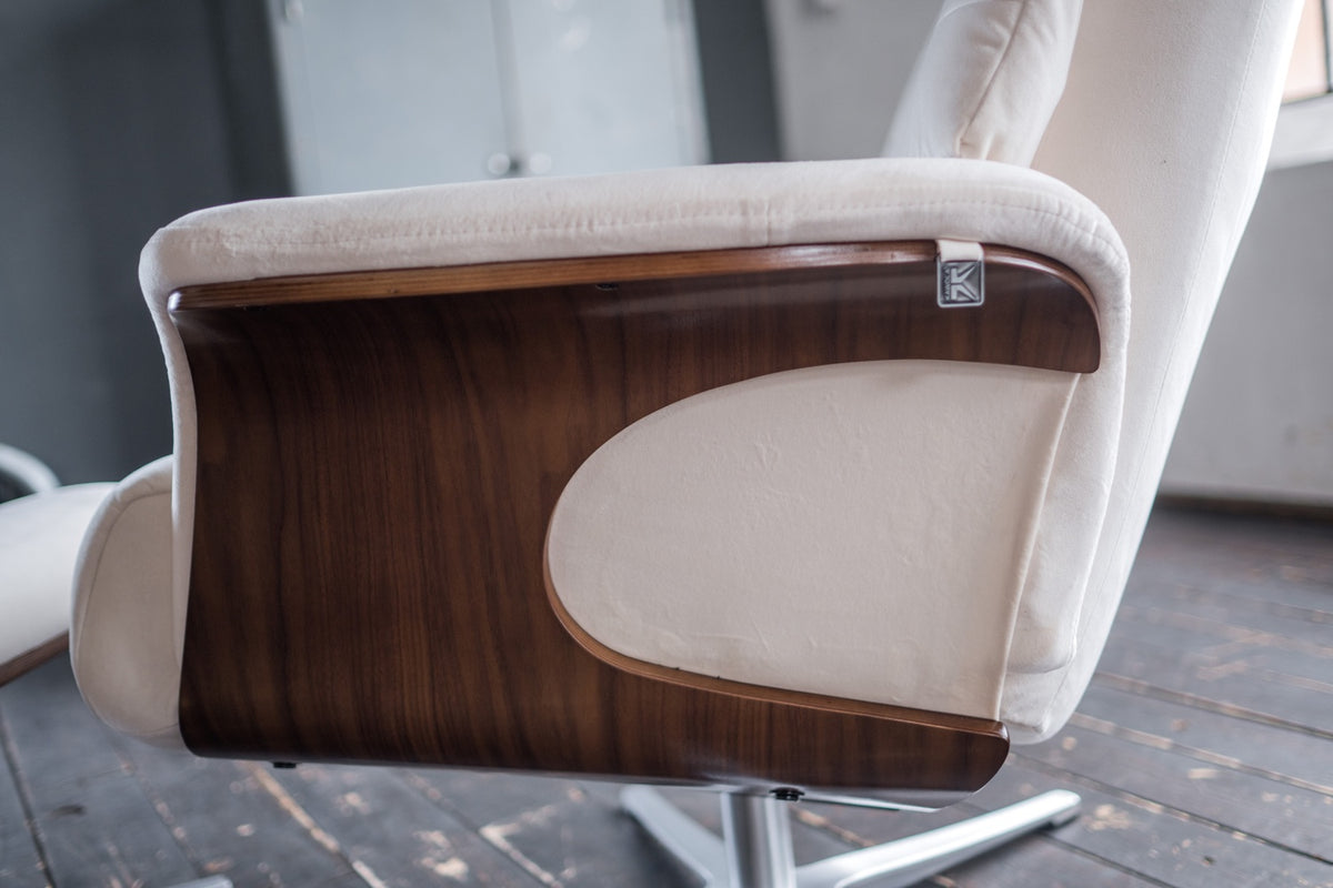 KAWOLA Sessel TOSAR Relaxsessel drehbar Velvet cremeweiß mit Hocker