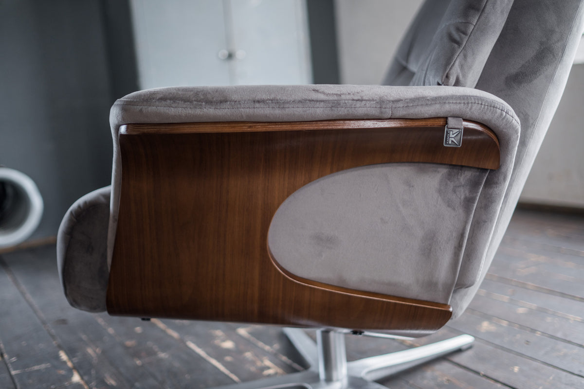 KAWOLA Sessel TOSAR Relaxsessel drehbar Velvet steingrau mit Hocker