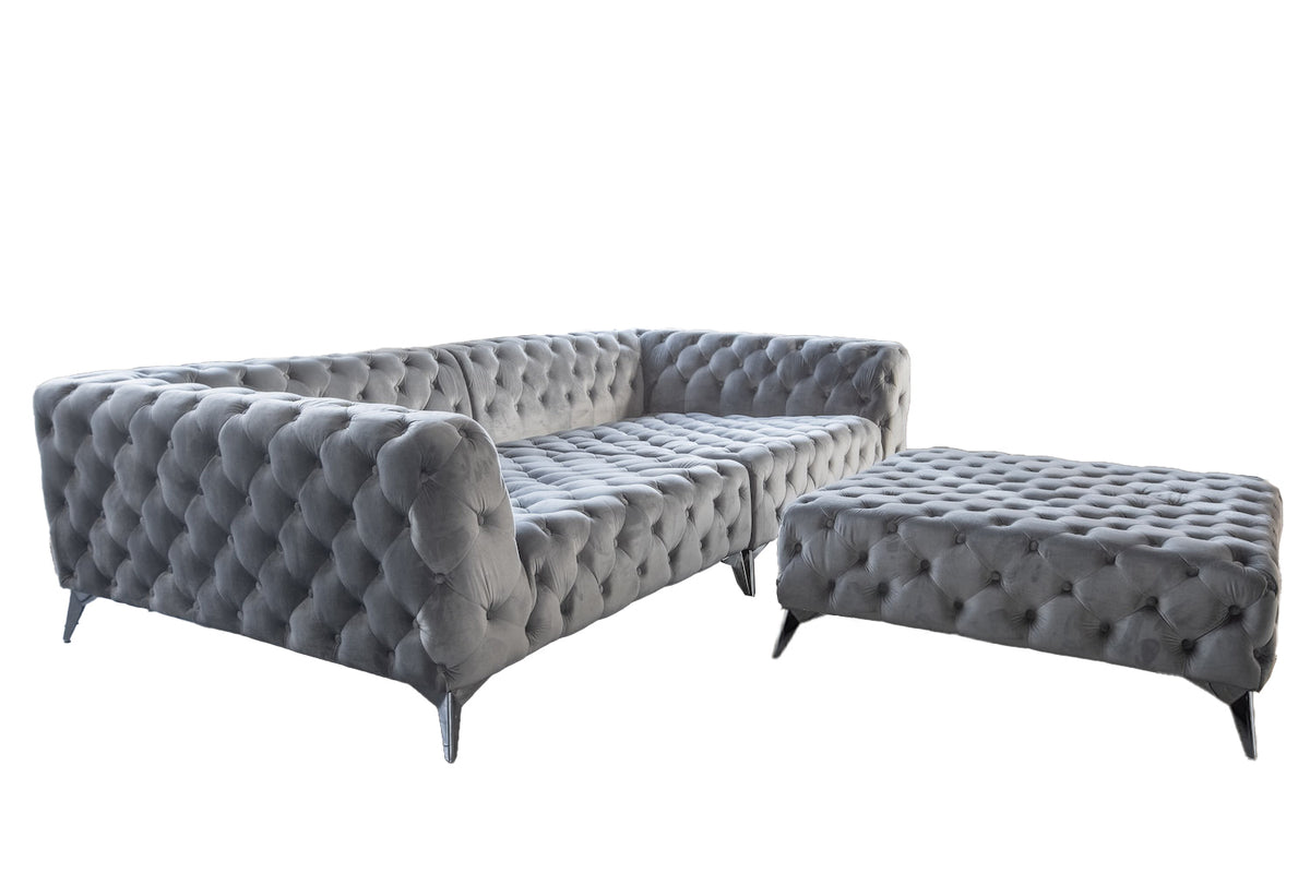 KAWOLA Set Big Sofa und Polsterhocker NARLA Chesterfield Velvet silber