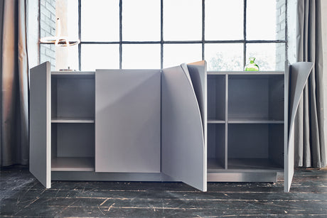 KAWOLA Sideboard EMMA Kunstleder grau Fuß Edelstahl gebürstet