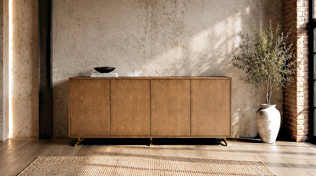 KAWOLA Sideboard GALA 4 Türen Kunstleder goldfarben Fuß Edelstahl gebürstet