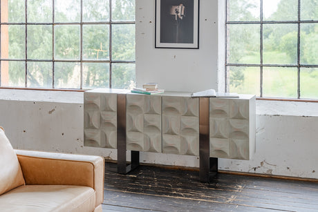 KAWOLA Sideboard MARGO 4 Türen Ulme furniert grau Fuß Edelstahl gebürstet
