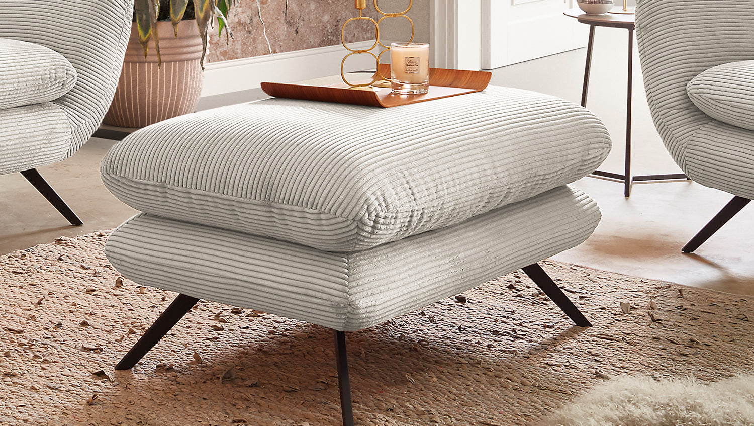 KAWOLA Sitzgruppe CHARME Sofa Sessel Hockerbank Cord cremeweiß