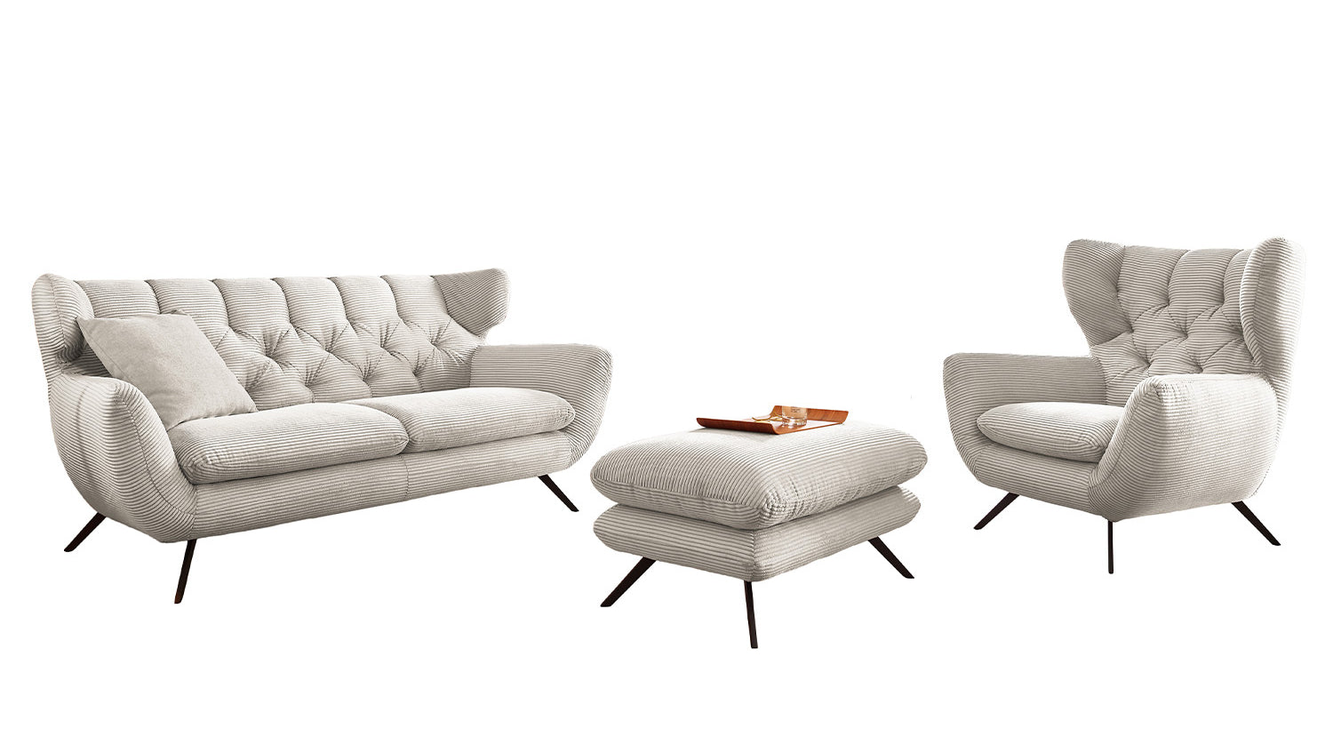 KAWOLA Sitzgruppe CHARME Sofa Sessel Hockerbank Cord cremeweiß