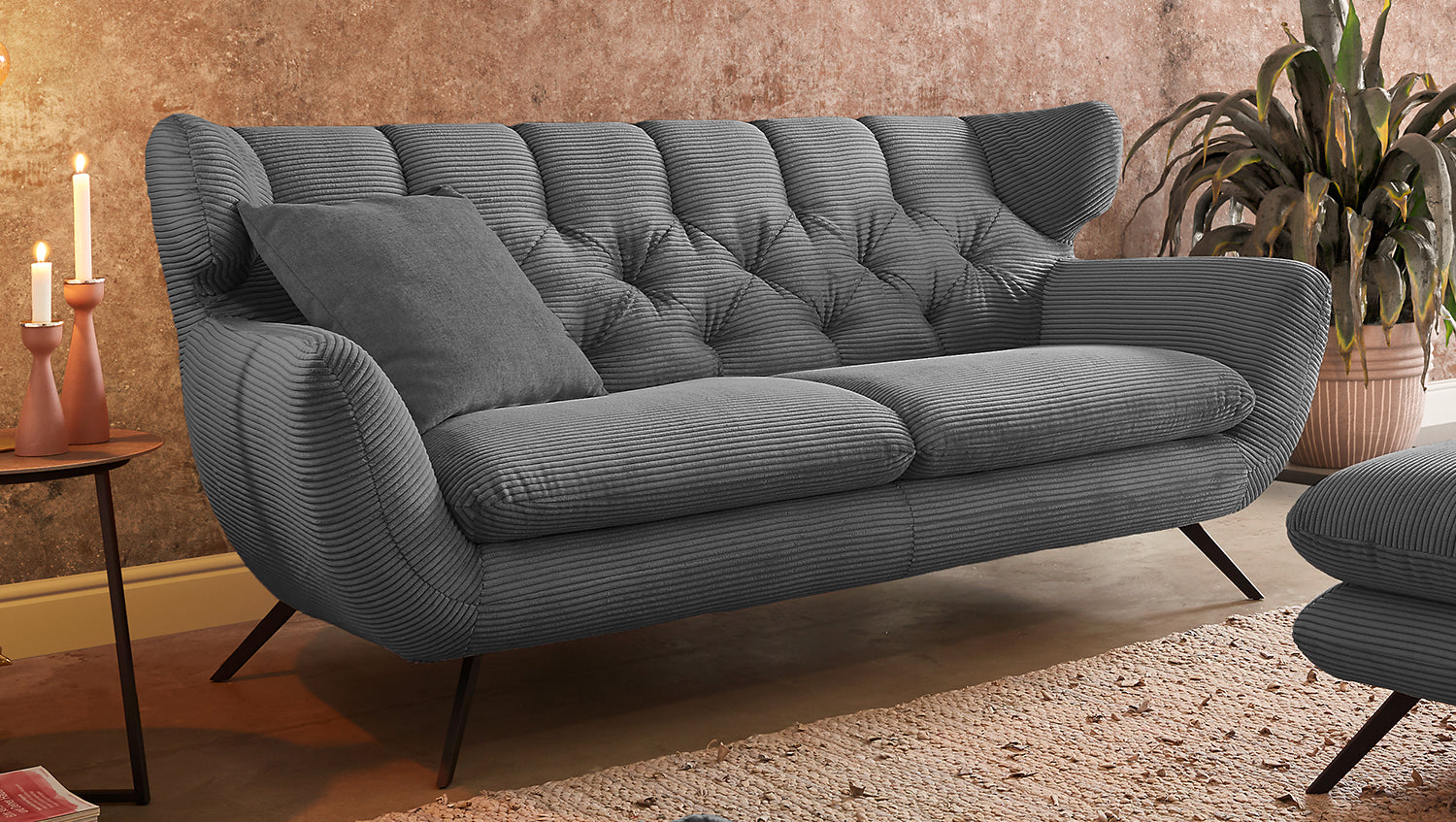 KAWOLA Sitzgruppe CHARME Sofa Sessel Hockerbank Cord grau