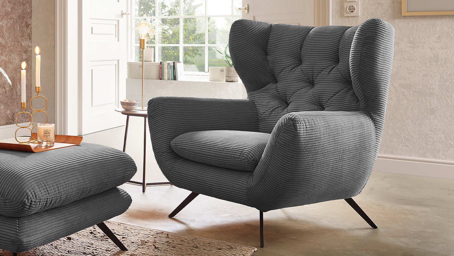 KAWOLA Sitzgruppe CHARME Sofa Sessel Hockerbank Cord grau