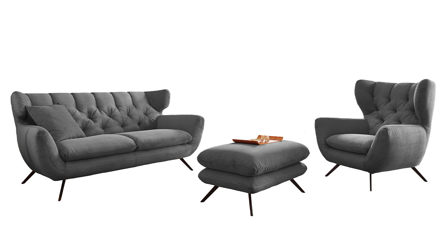 KAWOLA Sitzgruppe CHARME Sofa Sessel Hockerbank Cord grau