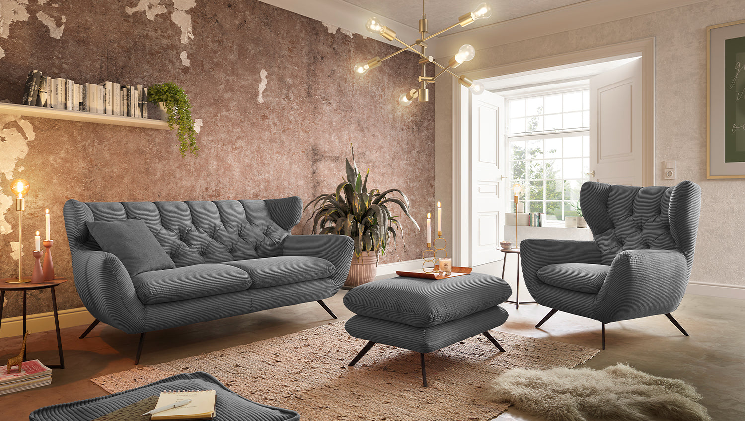 KAWOLA Sitzgruppe CHARME Sofa Sessel Hockerbank Cord grau, 3-Sitzer