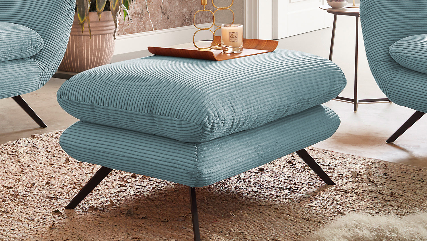 KAWOLA Sitzgruppe CHARME Sofa Sessel Hockerbank Cord hellblau