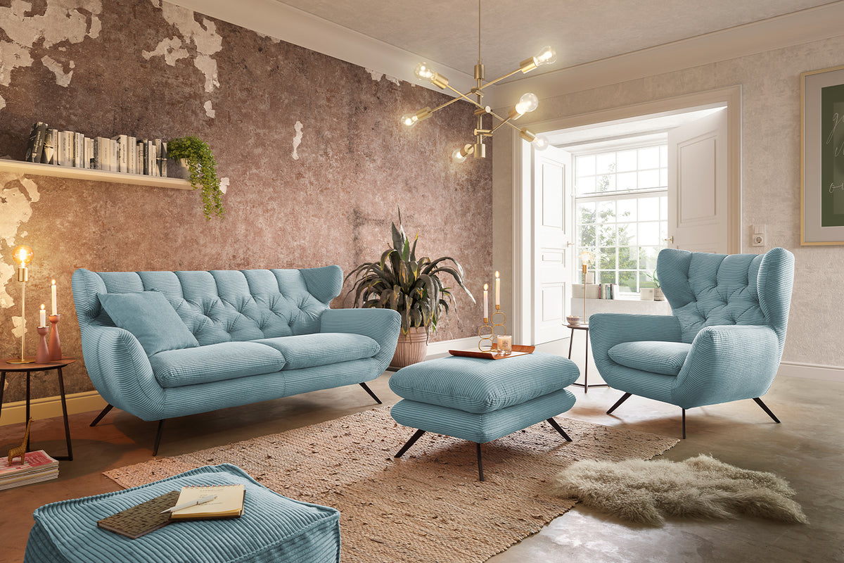 KAWOLA Sitzgruppe CHARME Sofa Sessel Hockerbank Cord hellblau, 3-Sitzer
