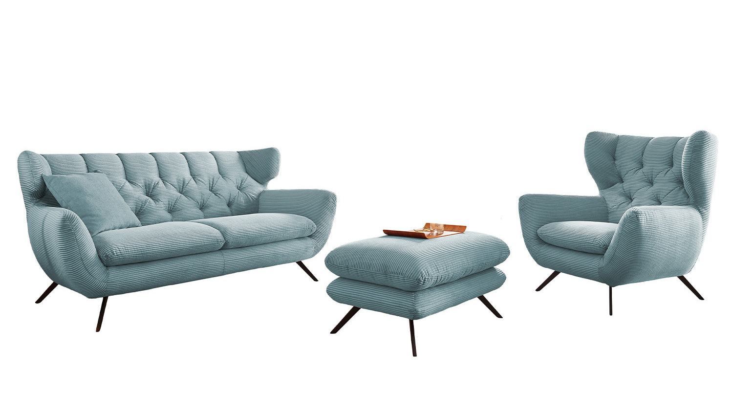 KAWOLA Sitzgruppe CHARME Sofa Sessel Hockerbank Cord hellblau