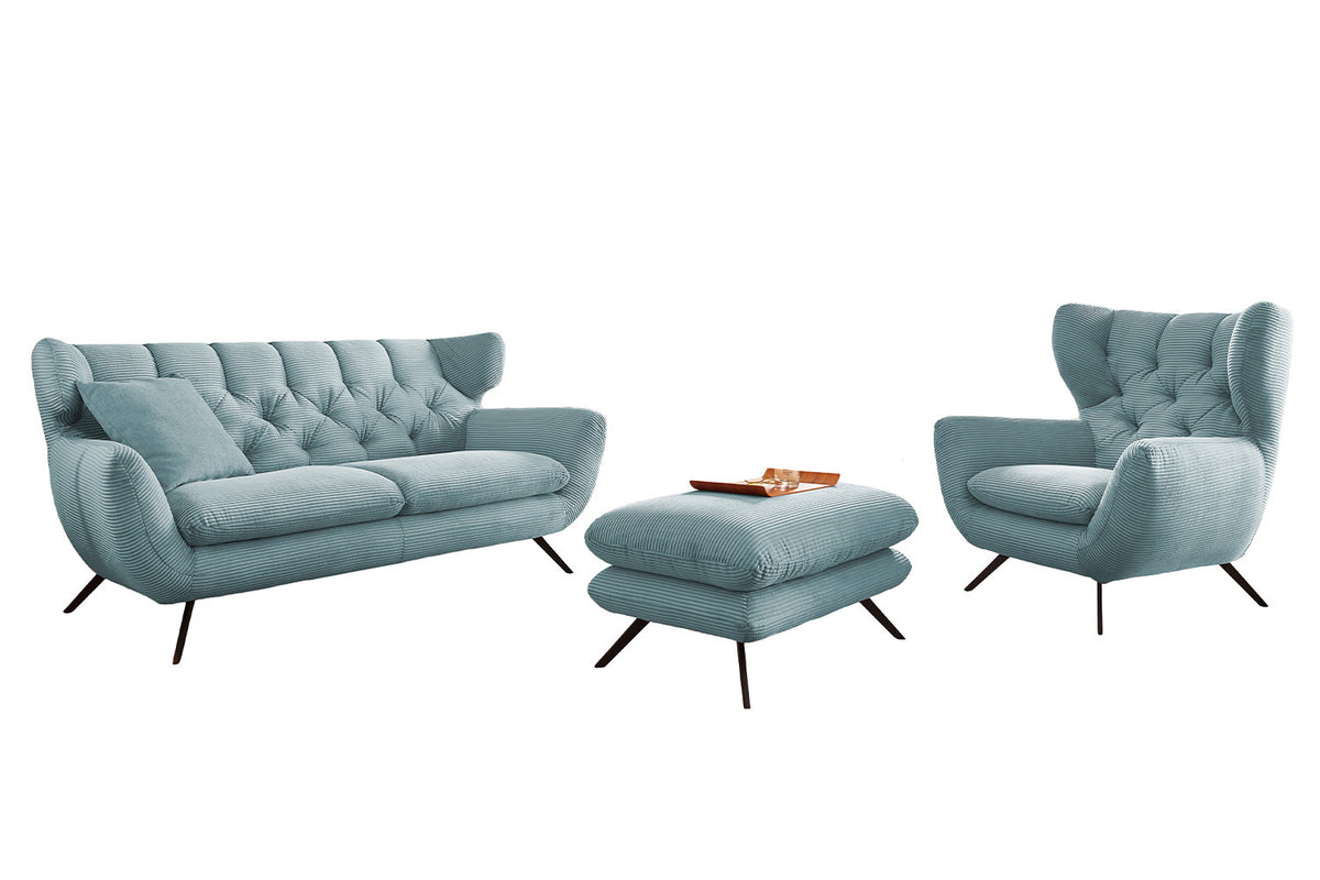 KAWOLA Sitzgruppe CHARME Sofa Sessel Hockerbank Cord hellblau