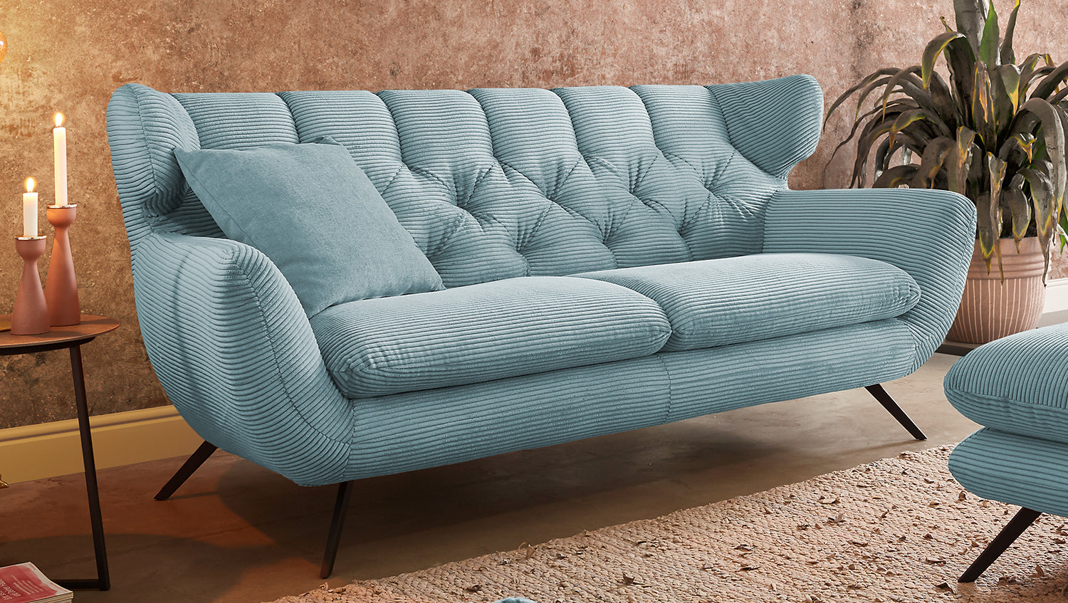KAWOLA Sitzgruppe CHARME Sofa Sessel Hockerbank Cord hellblau