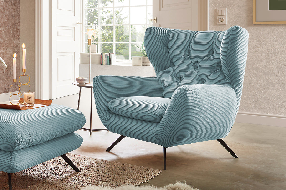 KAWOLA Sitzgruppe CHARME Sofa Sessel Hockerbank Cord hellblau