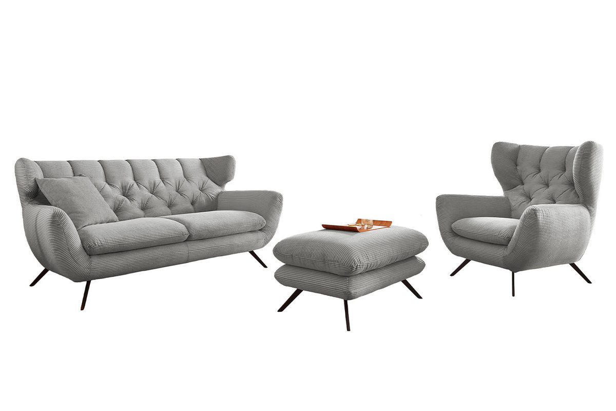 KAWOLA Sitzgruppe CHARME Sofa Sessel Hockerbank Cord hellgrau