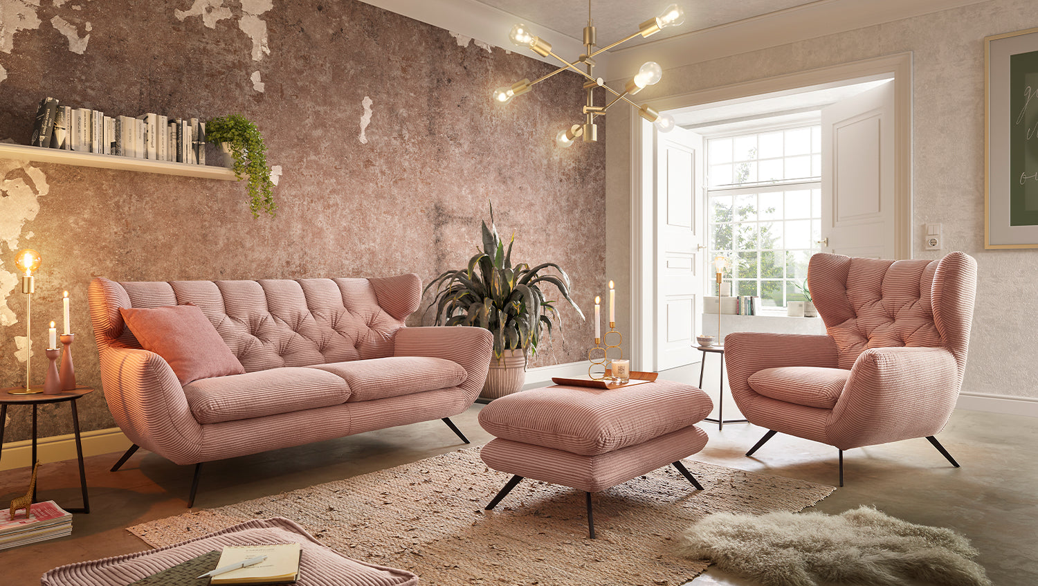 KAWOLA Sitzgruppe CHARME Sofa Sessel Hockerbank Cord rosa, 3-Sitzer