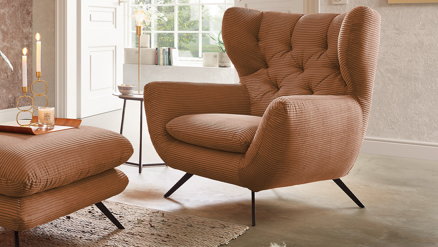 KAWOLA Sitzgruppe CHARME Sofa Sessel Hockerbank Cord rost