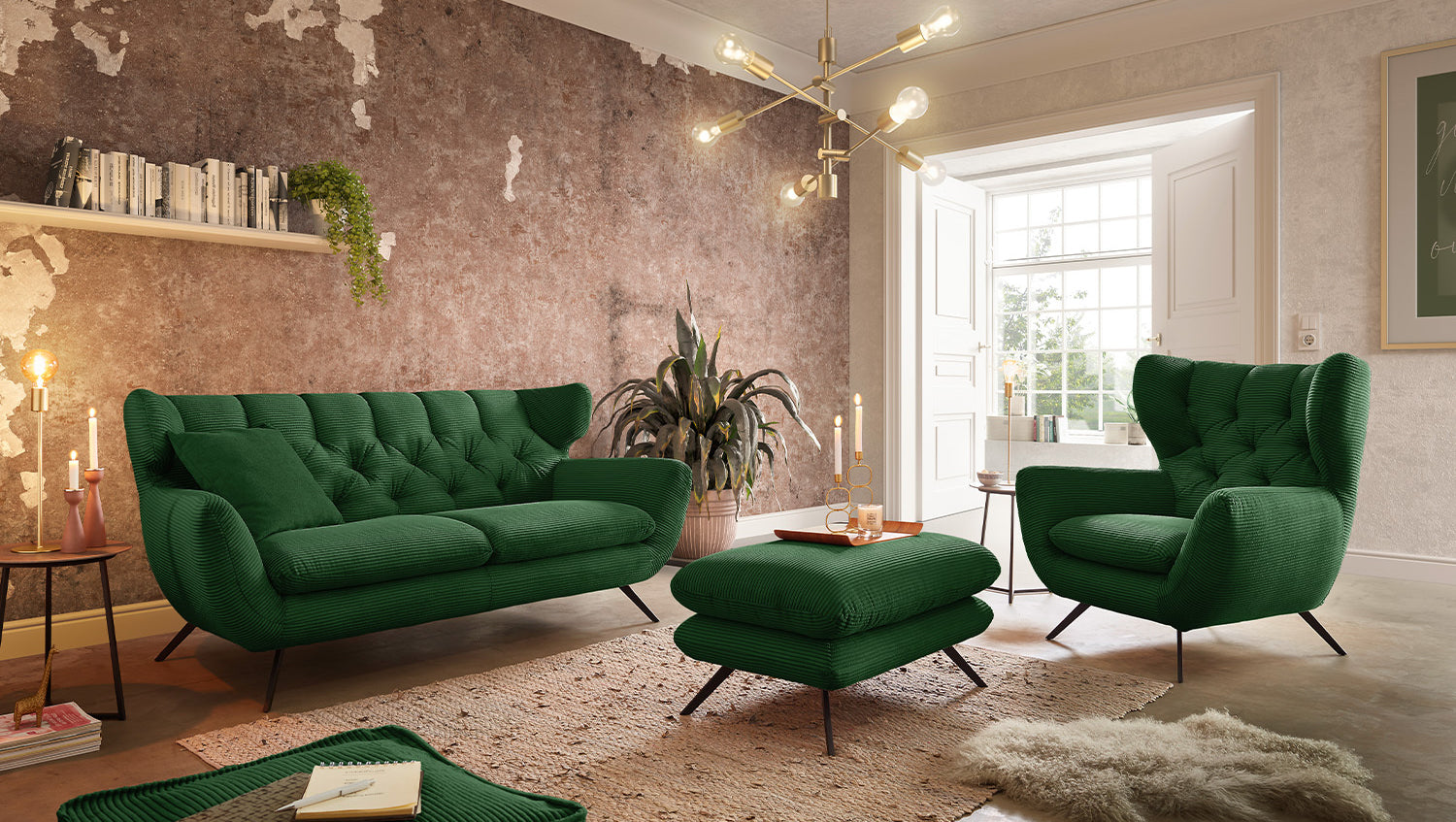 KAWOLA Sitzgruppe CHARME Sofa Sessel Hockerbank Cord smaragd, 3-Sitzer