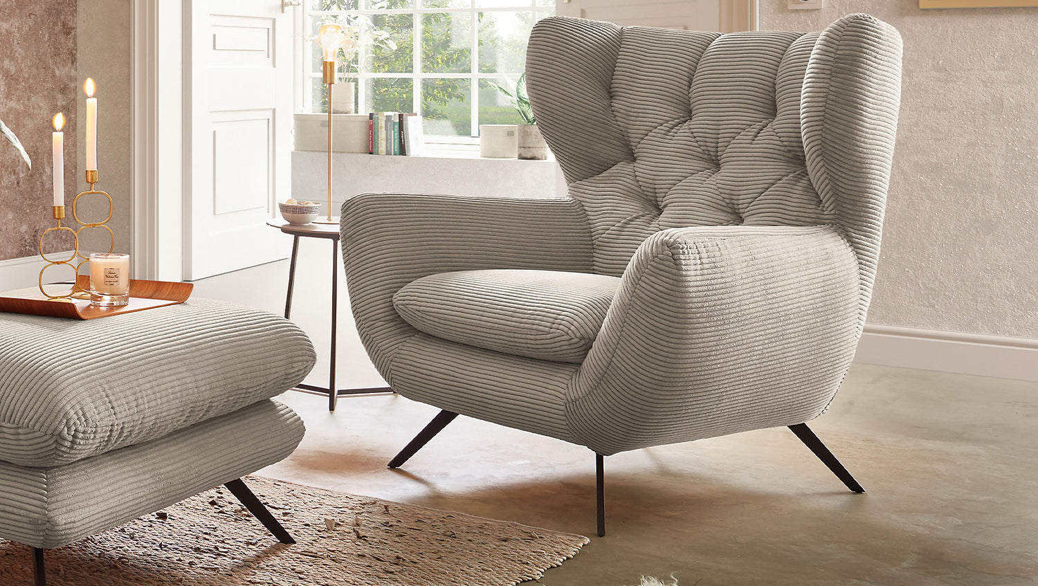KAWOLA Sitzgruppe CHARME Sofa Sessel Hockerbank Cord steingrau