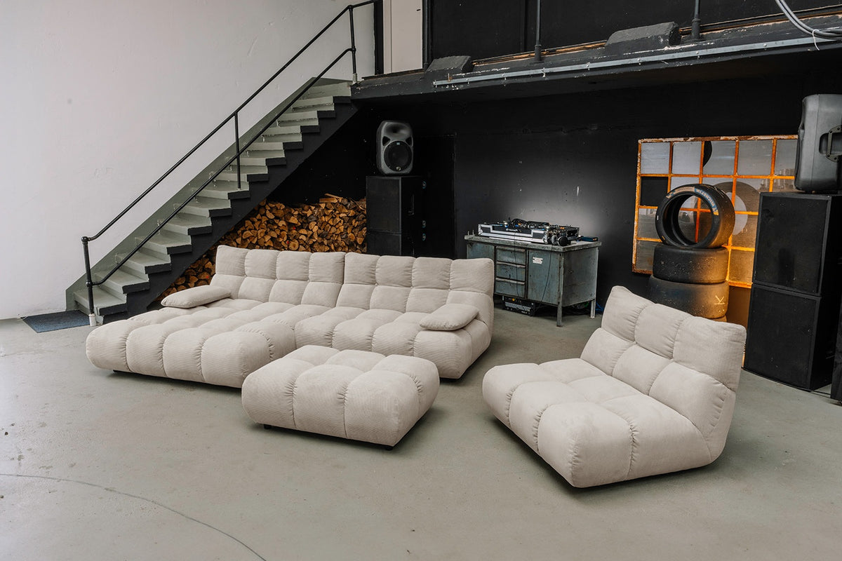 KAWOLA Sitzgruppe VIVIEN Ecksofa Drehsessel Hockerbank Feincord beige, Links